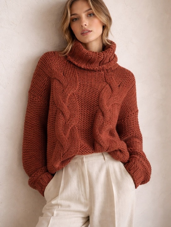 ESQUALO Sweaters - chunky cable knit turtleneck sweater rust cottagecore cozy S